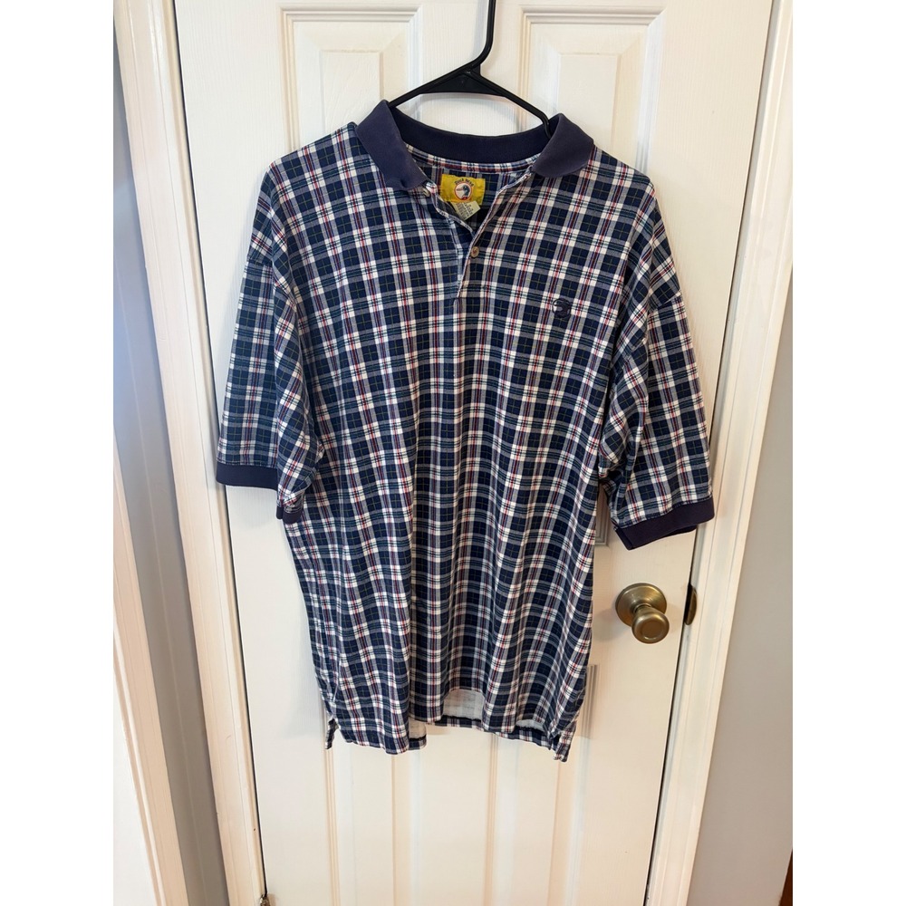 Duck Head Polo Shirt Mens Large Navy Blue Plaid Cotton Short Sleeve Preppy Logo